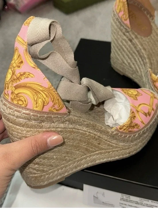 Versace Pink & Gold Medusa Espadrille Wedge with Ankle Tie - Picture 2 of 3